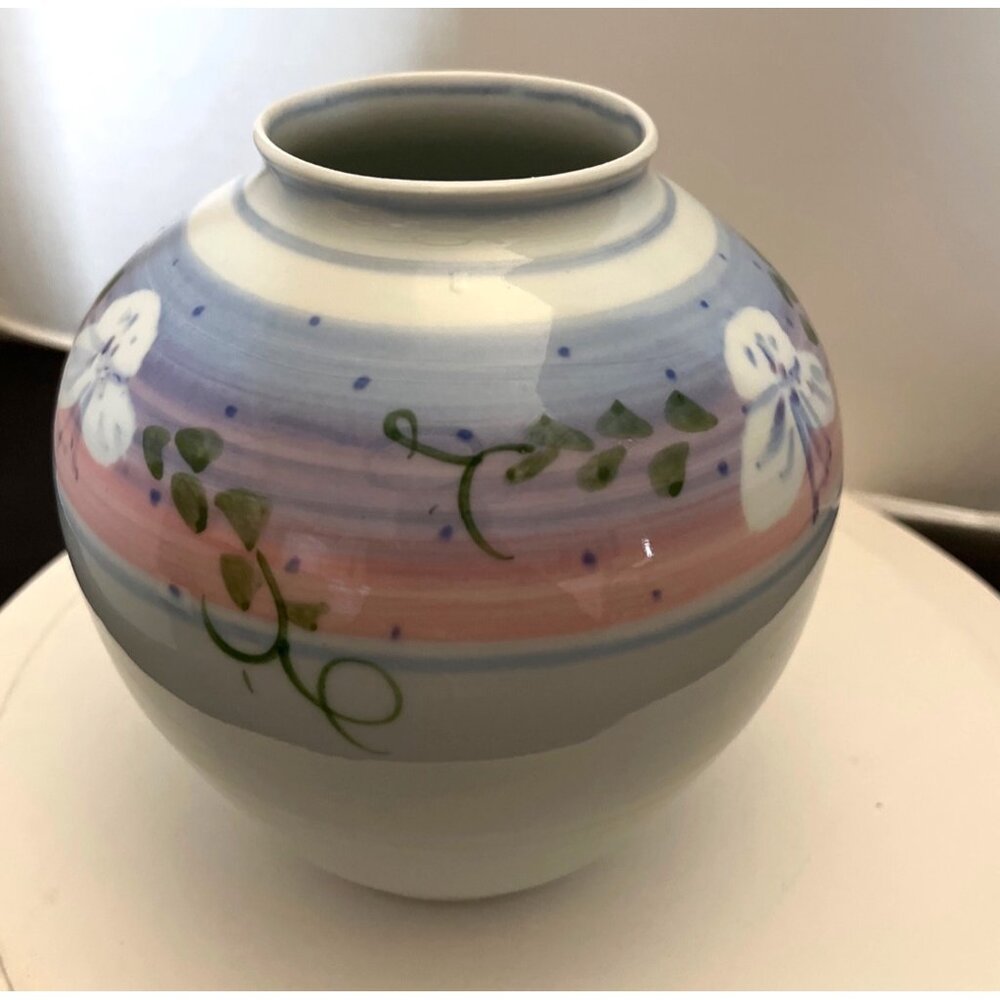 Porcelain Flower Vase Floral Design Glazed Inside &Out 6 1/2” Signed